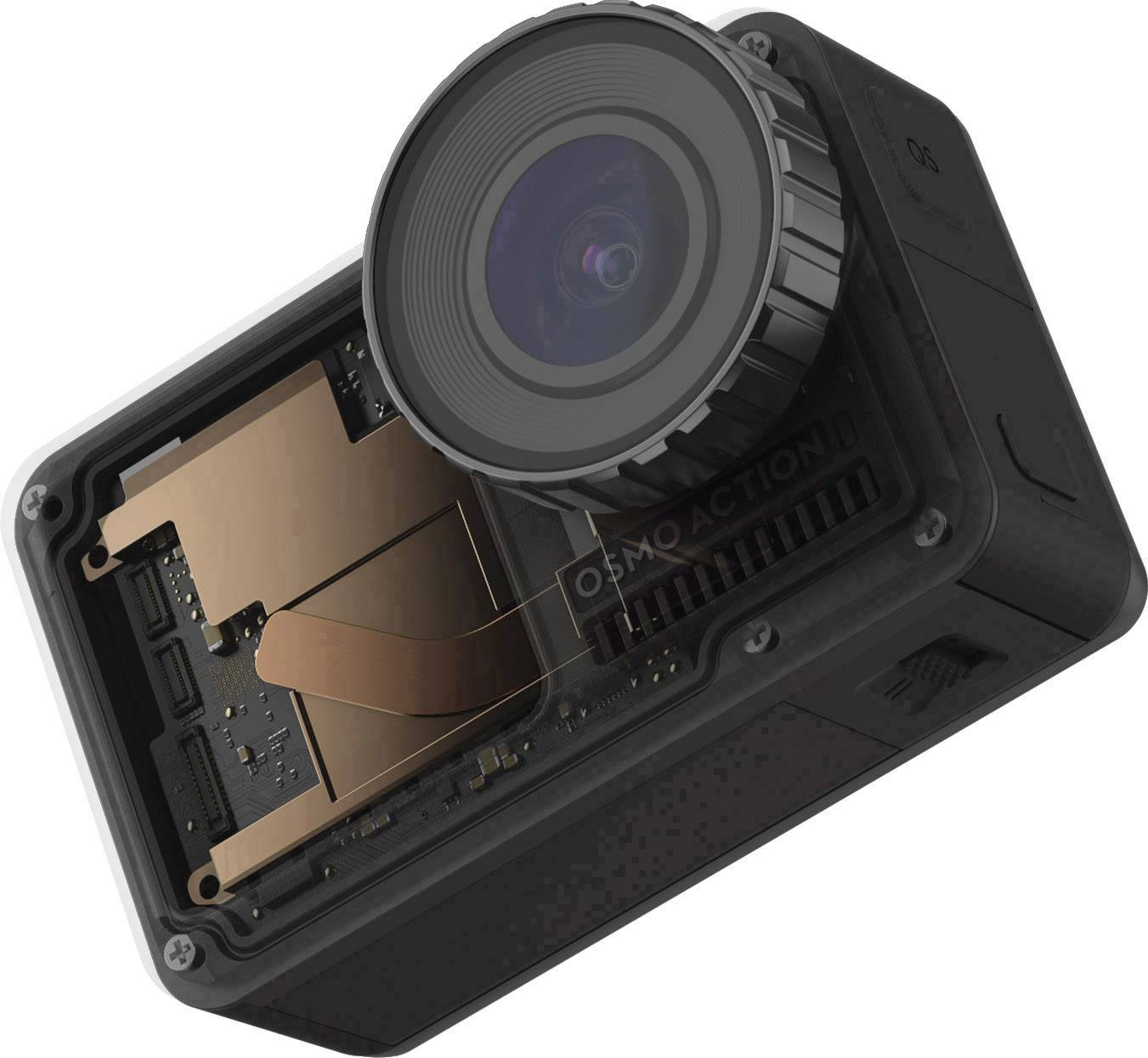Shows an action camera with its casing removed to reveal the interior. The lens mount and circuit board are visible.