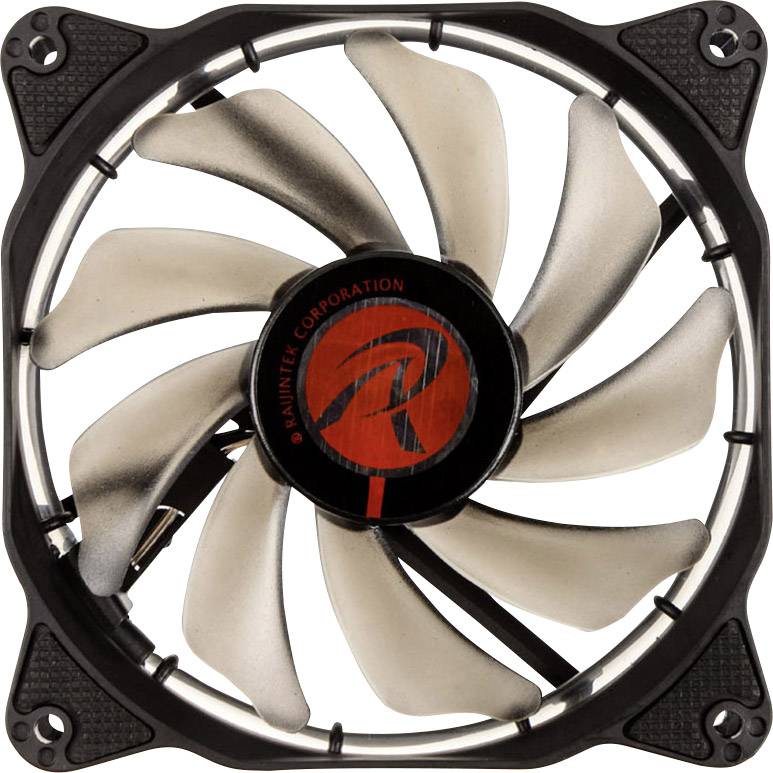 A computer fan with twelve transparent blades and a black frame, with a central red logo print.