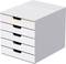 White drawer box with five compartments, each with coloured labels: yellow, red, blue, green and black. Suitable for organisation.