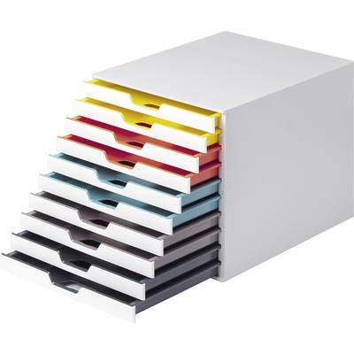 A filing system with ten pull-out drawers in different colours, designed for organised document storage.