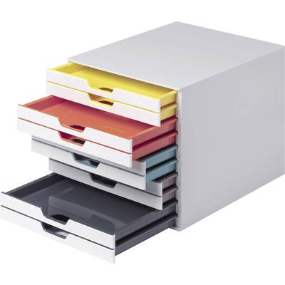 A white drawer unit with six colourful, half-open drawers in yellow, red, orange, blue, grey, and black.