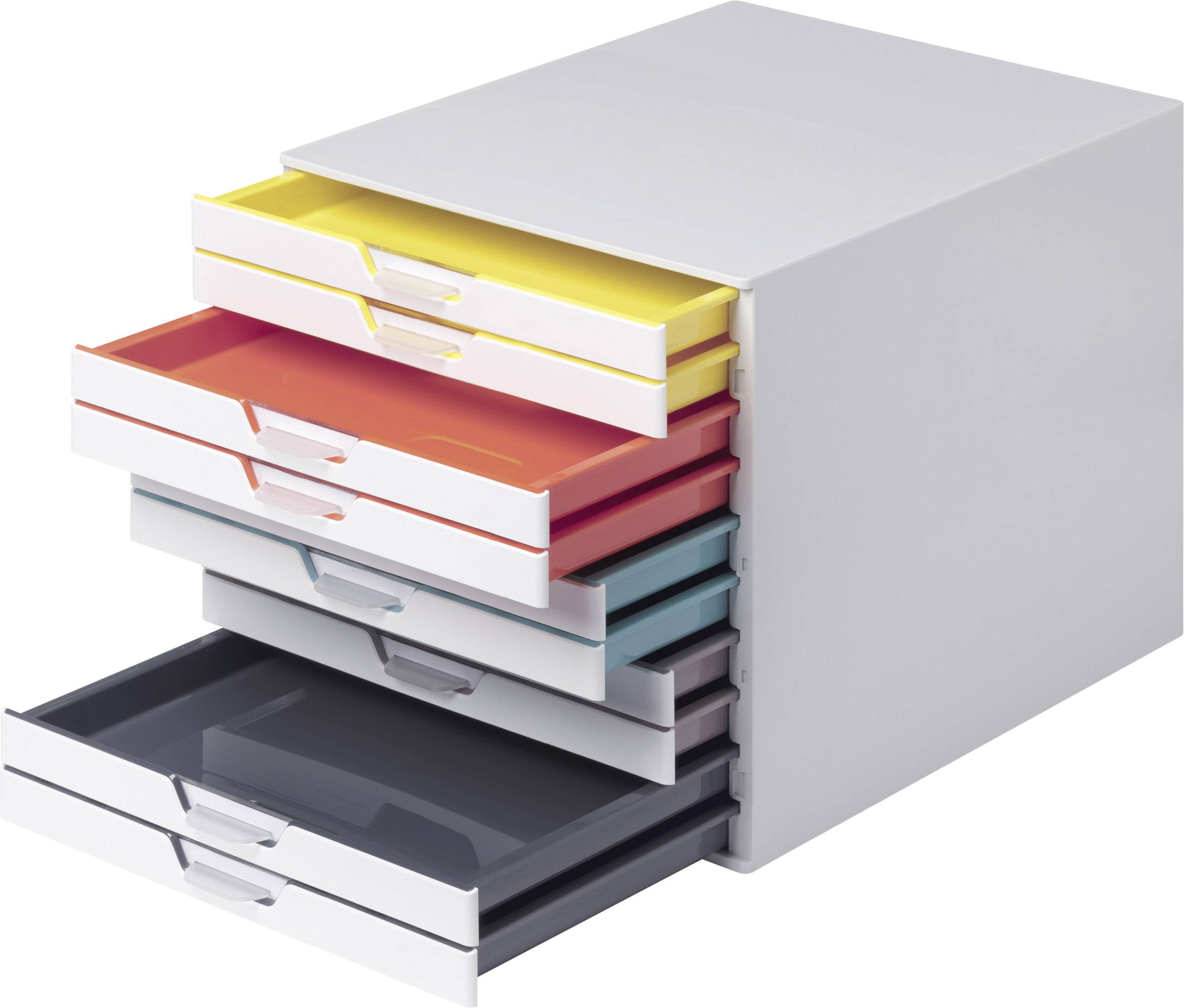 A metal desk organiser with six drawers in different colours, some partially open: yellow, red, white, blue, grey.