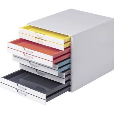 A metal desk organiser with six drawers in different colours, some partially open: yellow, red, white, blue, grey.