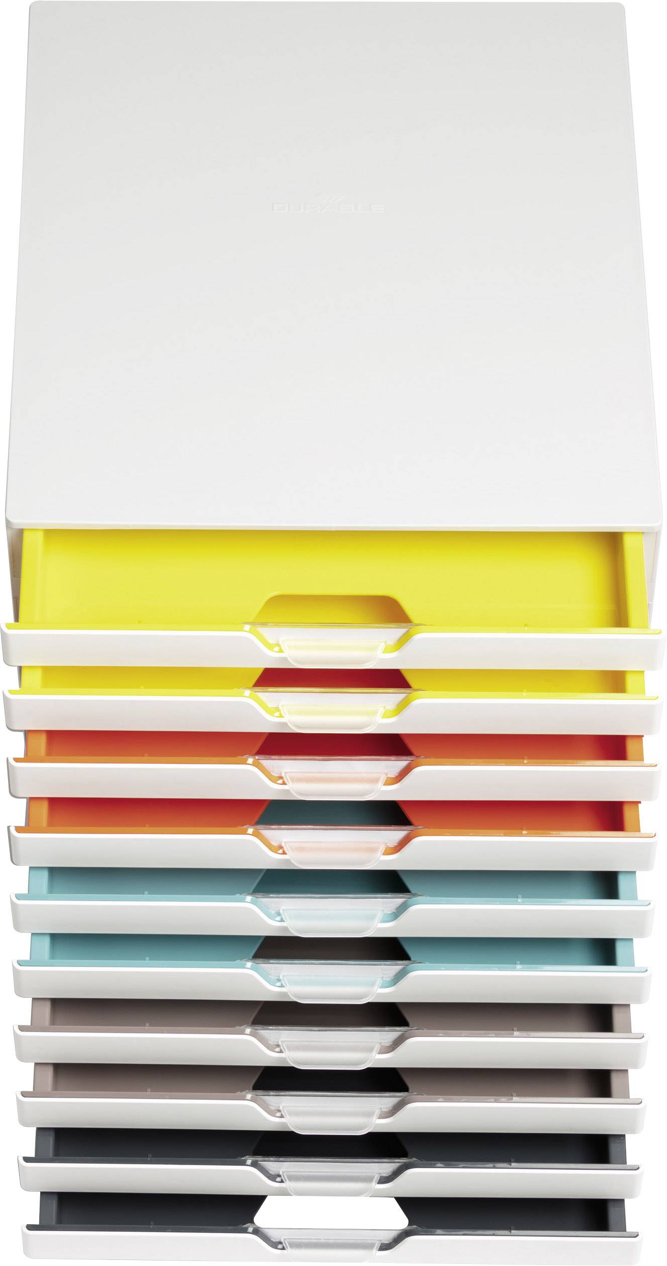 White filing system with open drawers in various colours: Yellow, Orange, Blue and Grey, for document organisation.