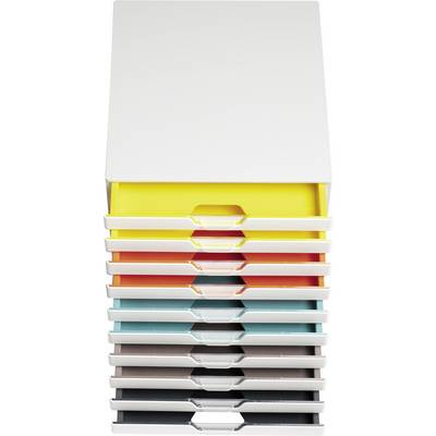 White filing system with open drawers in various colours: Yellow, Orange, Blue and Grey, for document organisation.