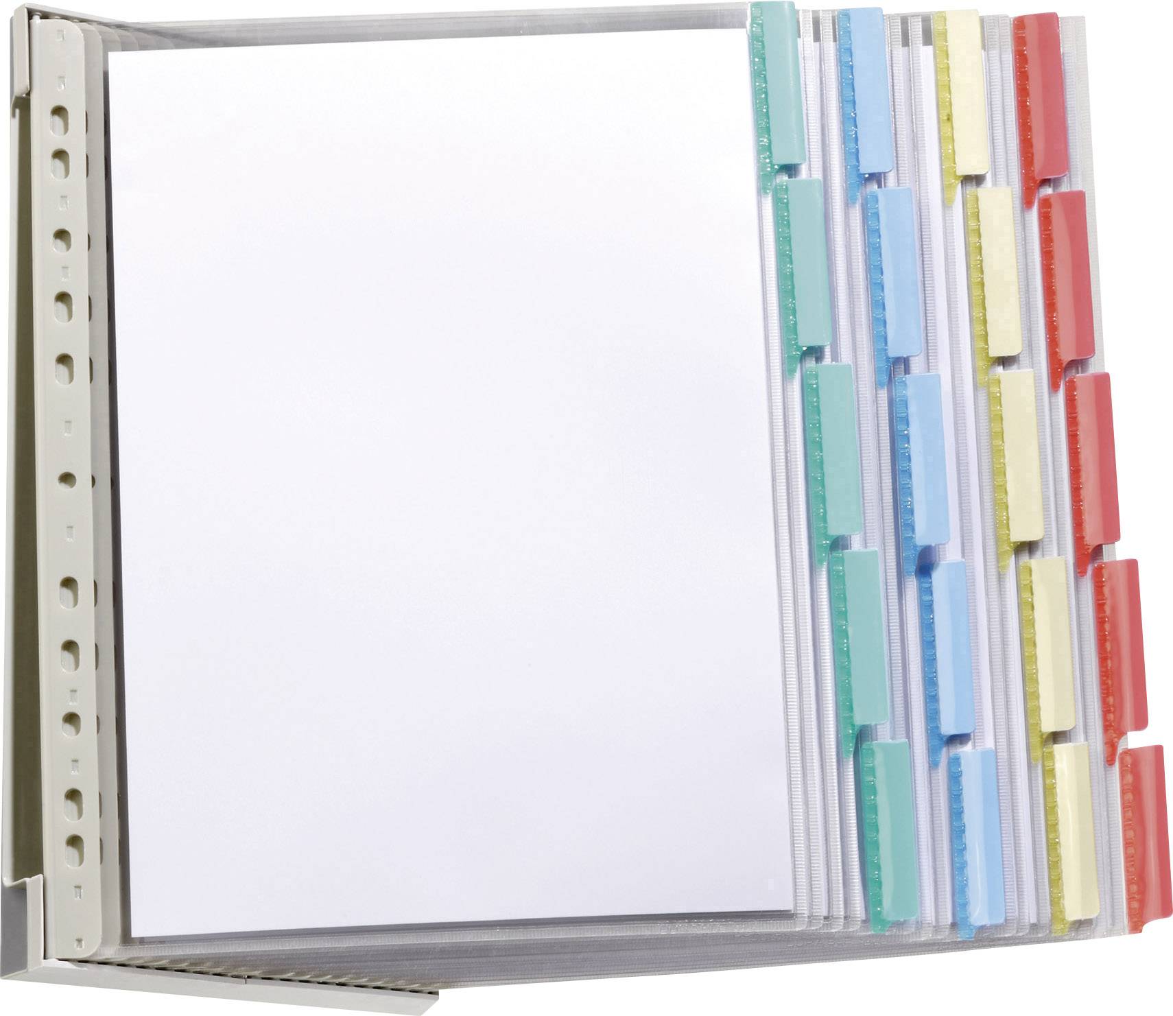 Standing file with coloured dividers and blank pages, used for organised document storage.
