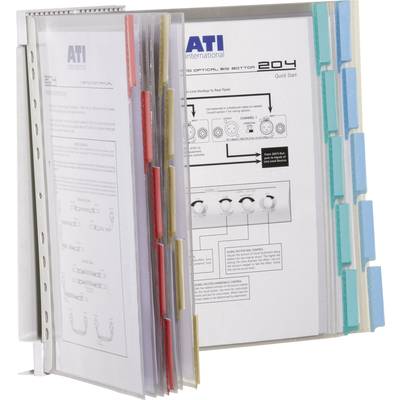 A ring binder with multiple transparent sleeves, each containing a sheet of paper. Coloured dividers organise the sleeves.