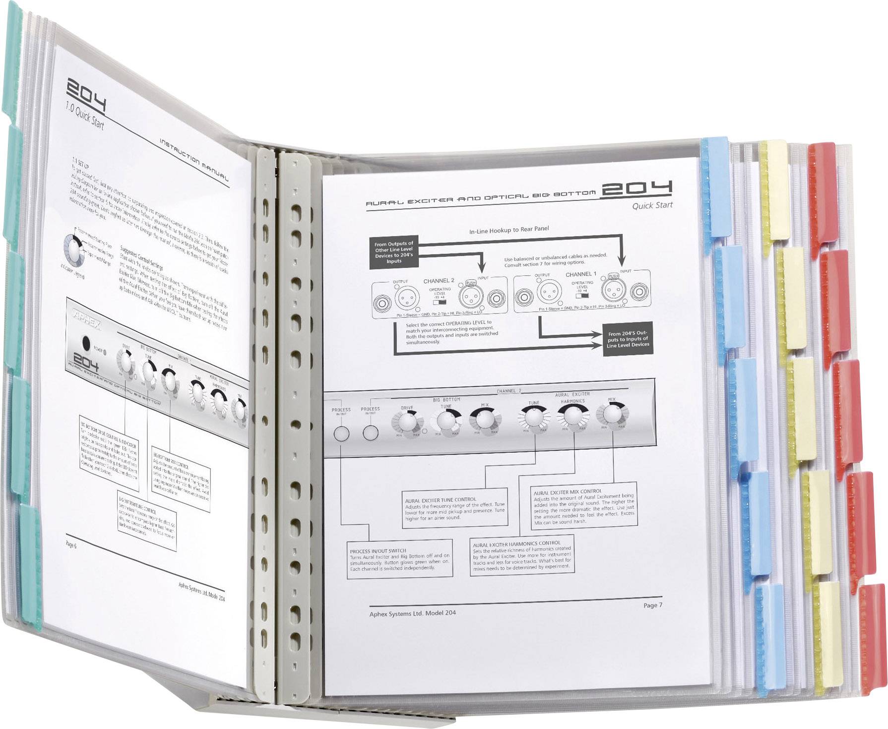 An open ring-bound folder with technical diagrams and instructions in black and white for a device. Divider tabs are colour-coded.