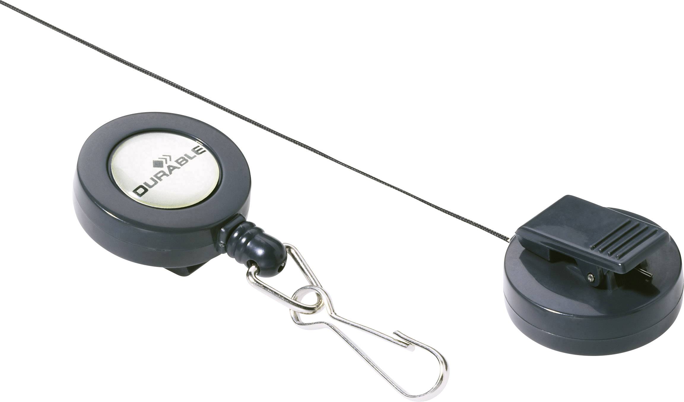 Retractable name badge with black casing, wire extension, and carabiner clip, suitable for ID cards or keys.