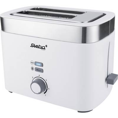 A modern, white toaster with two bread slots and a dial for seven browning levels sits on a worktop.