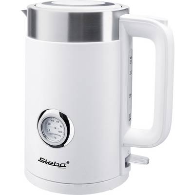 A white kettle with stainless steel elements, a visible temperature indicator on the front, and a side handle.