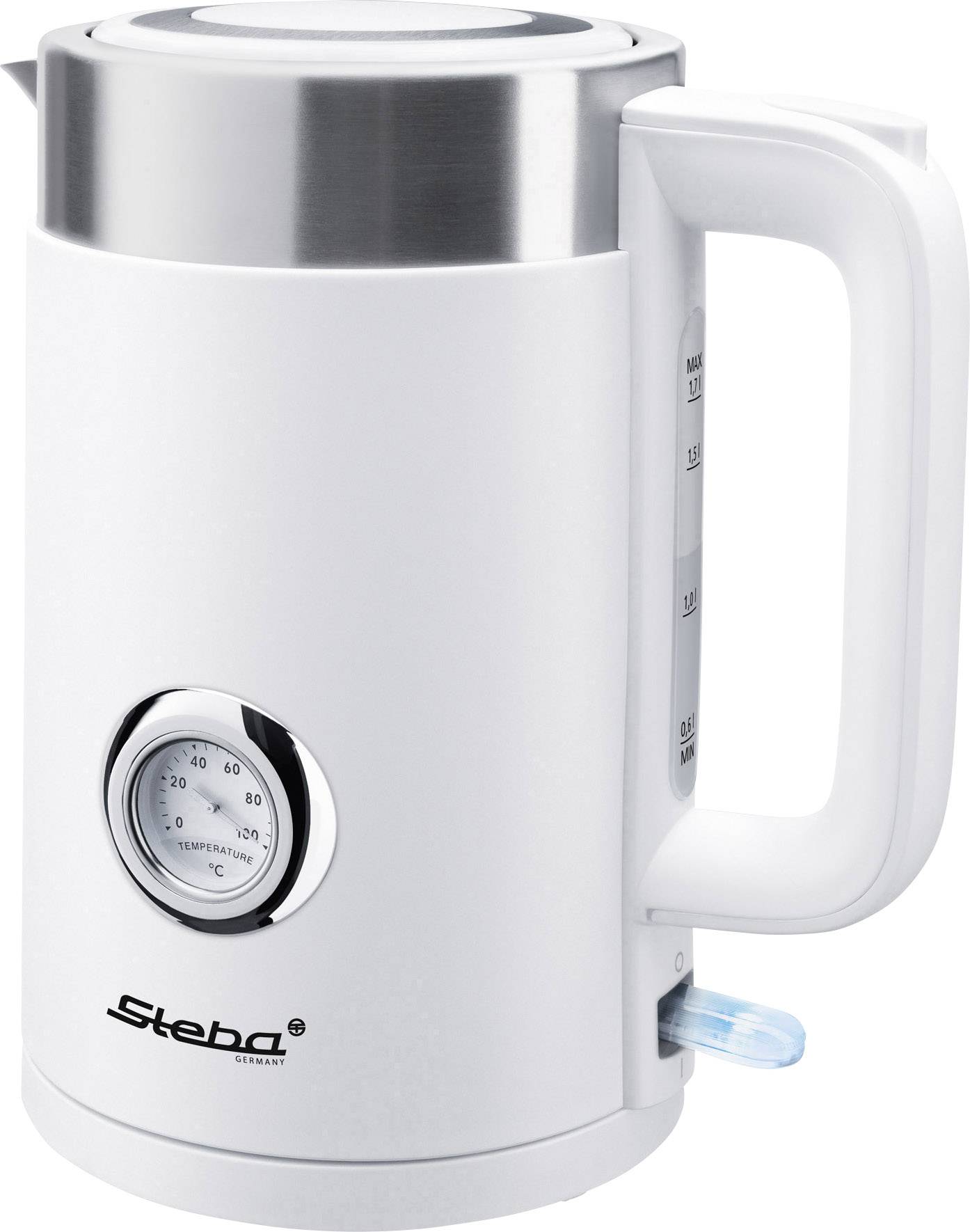 A white electric kettle with a temperature display and silver lid handle. On the lower side, there is a toggle switch.