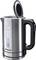 Silver electric kettle with open lid, 1.7 litre capacity, water level markings, black handle.