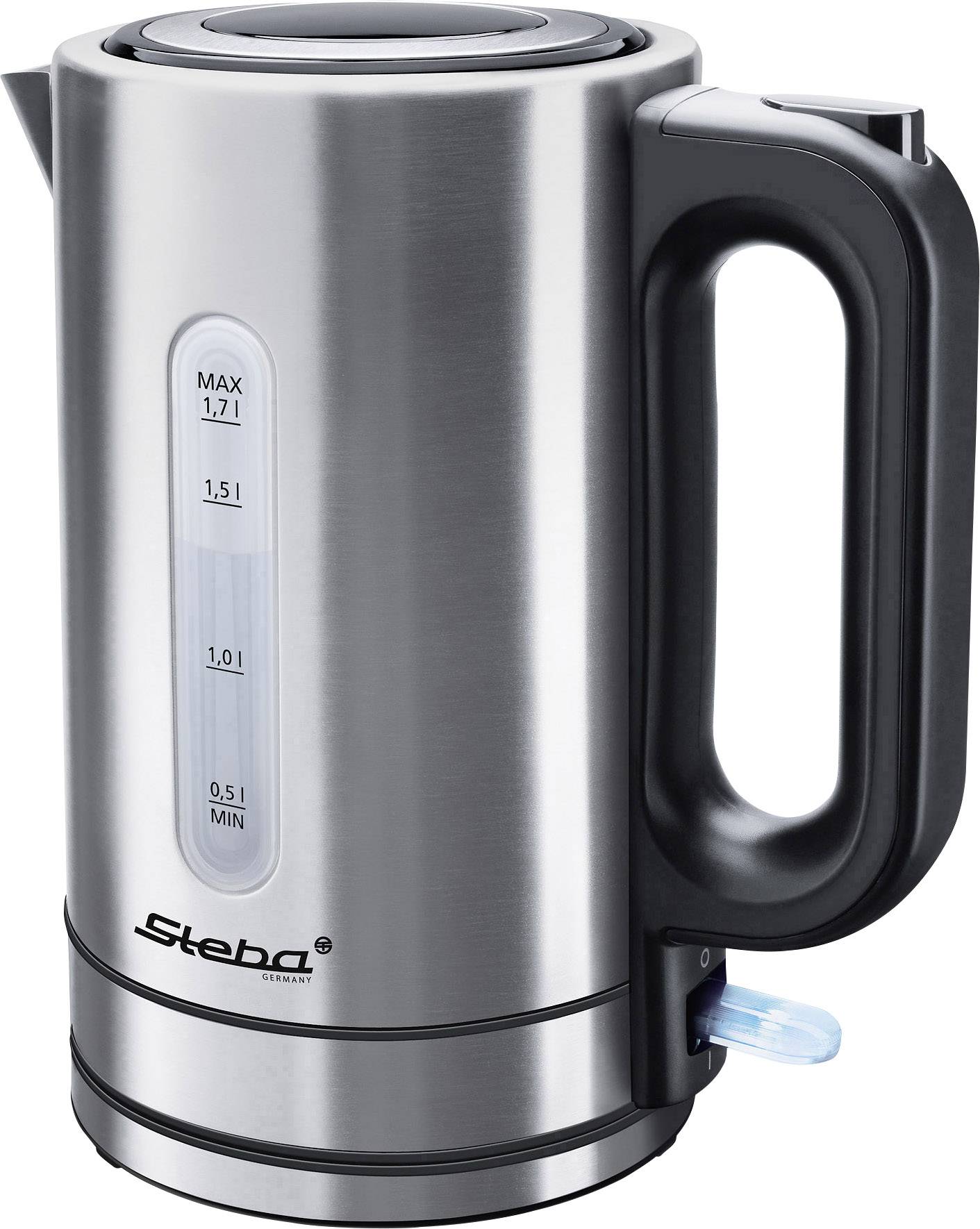 Stainless steel electric kettle with visible water level indicator up to 1.7 litres and black handle.