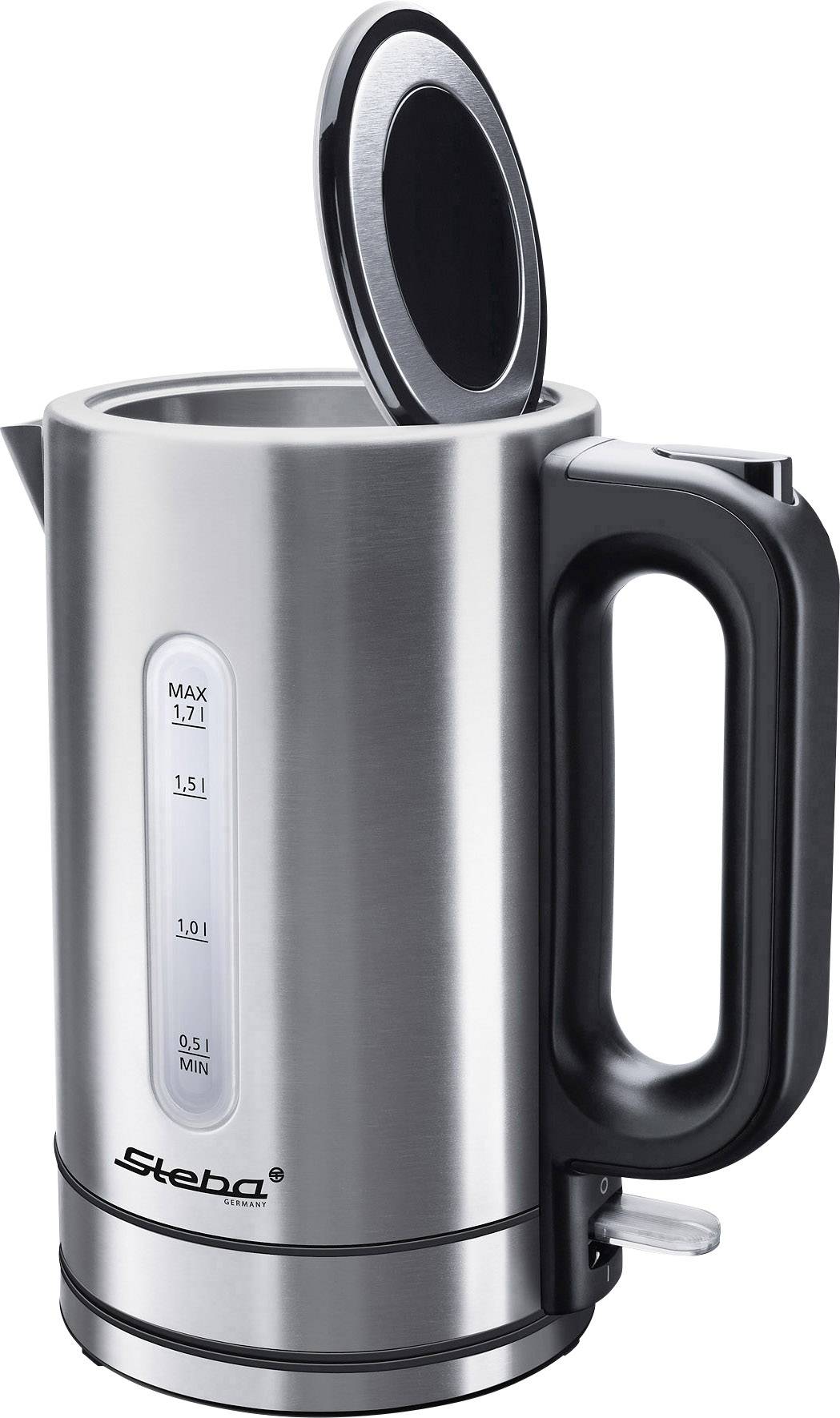 'Stainless steel kettle with an open lid, handle on the right and water level indicator; maximum capacity marked at 1.7 litres.'