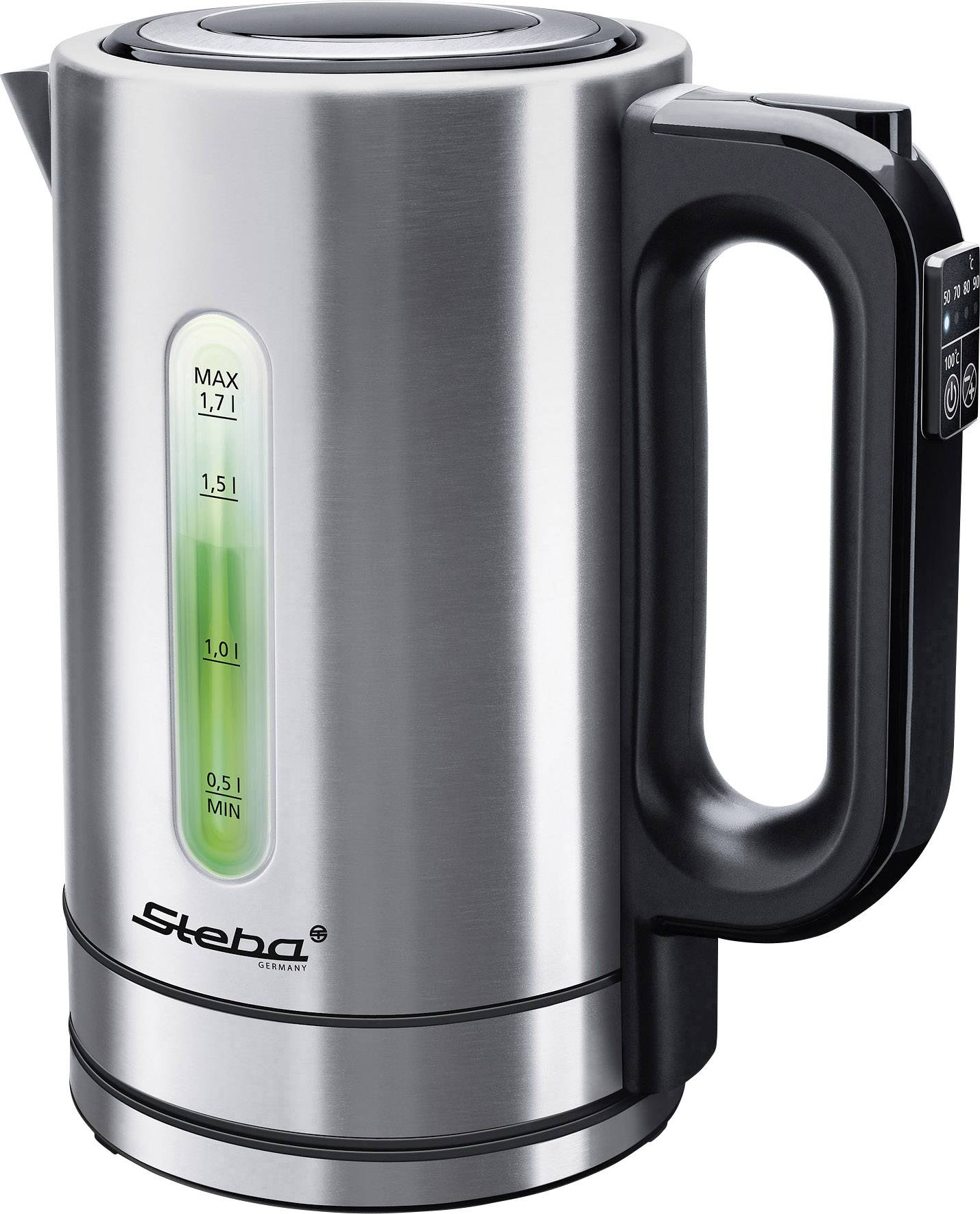 A silver electric kettle with a transparent water level indicator, showing maximum and minimum fill levels.