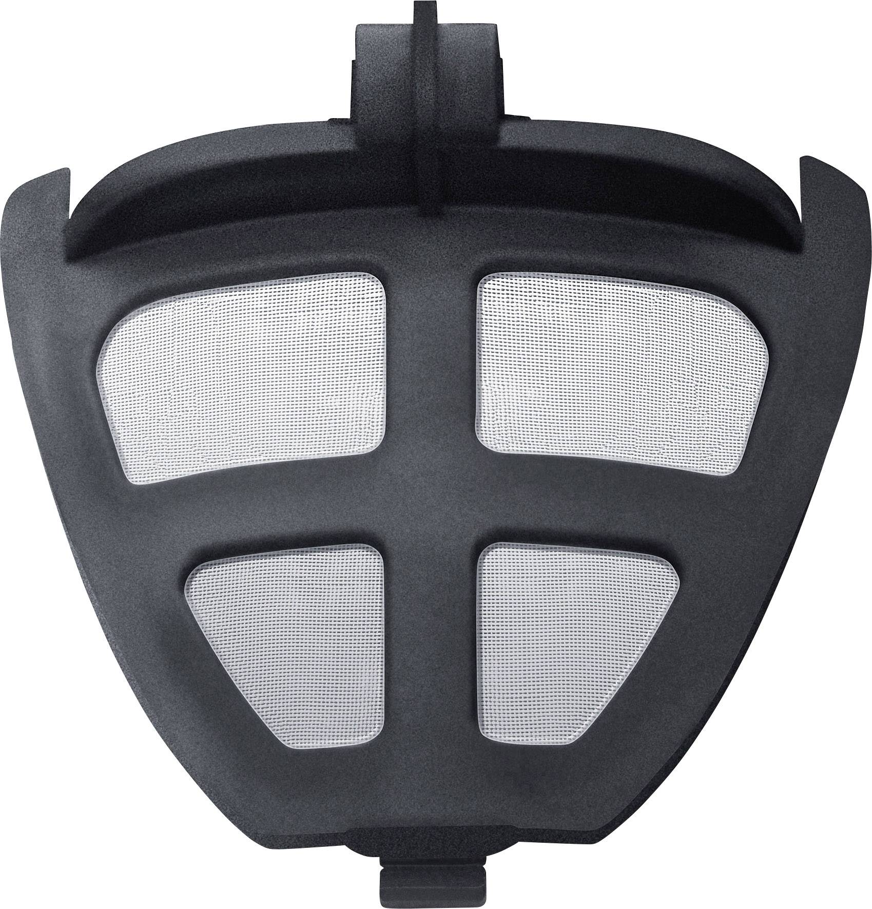 A black coffee filter insert with a fine, silver mesh fabric.