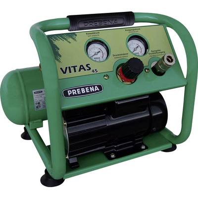 A green mobile compressor with two pressure gauges, a pressure regulator and black rubber feet, model 'VITAS 45'.