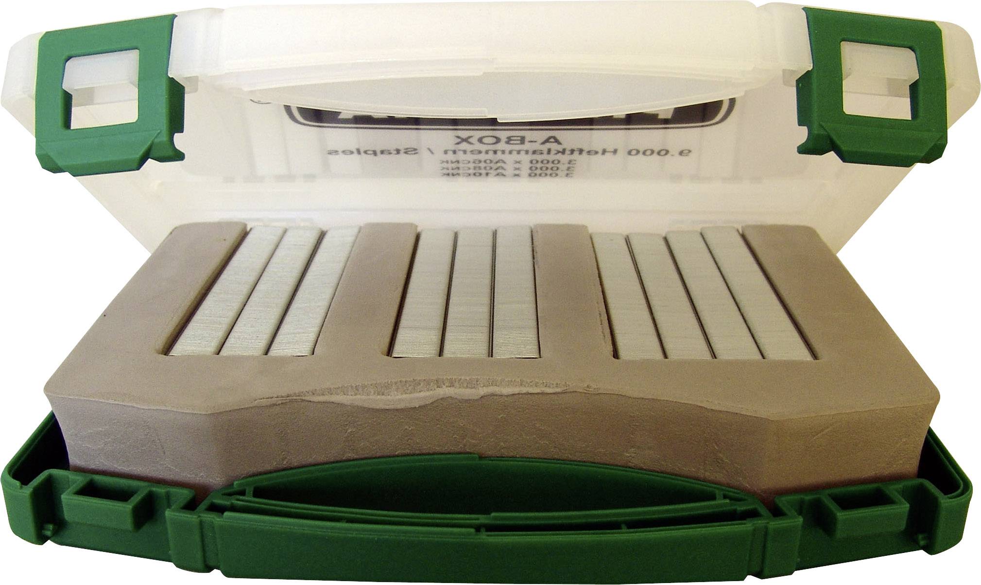 An opened green toolbox reveals numerous rows of metal clips standing upright inside the box.