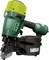 Green pneumatic nail gun with a circular nail magazine, suitable for roofing and construction work, robust design.