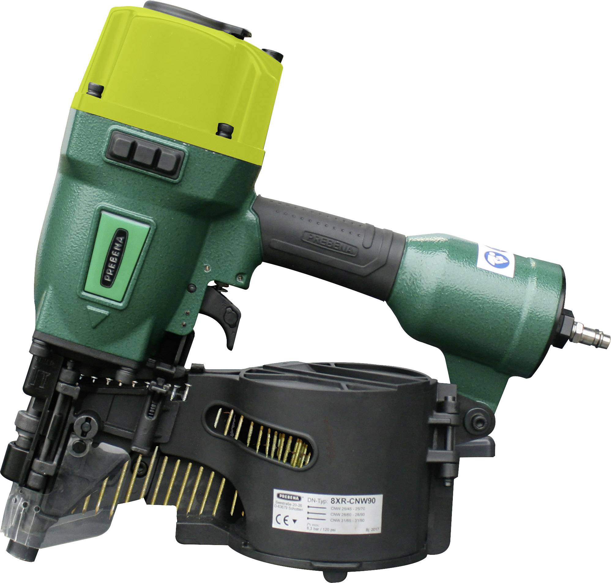 'Pneumatic nailer with green and yellow cover. Drum magazine with yellow nails. Used for construction projects.'