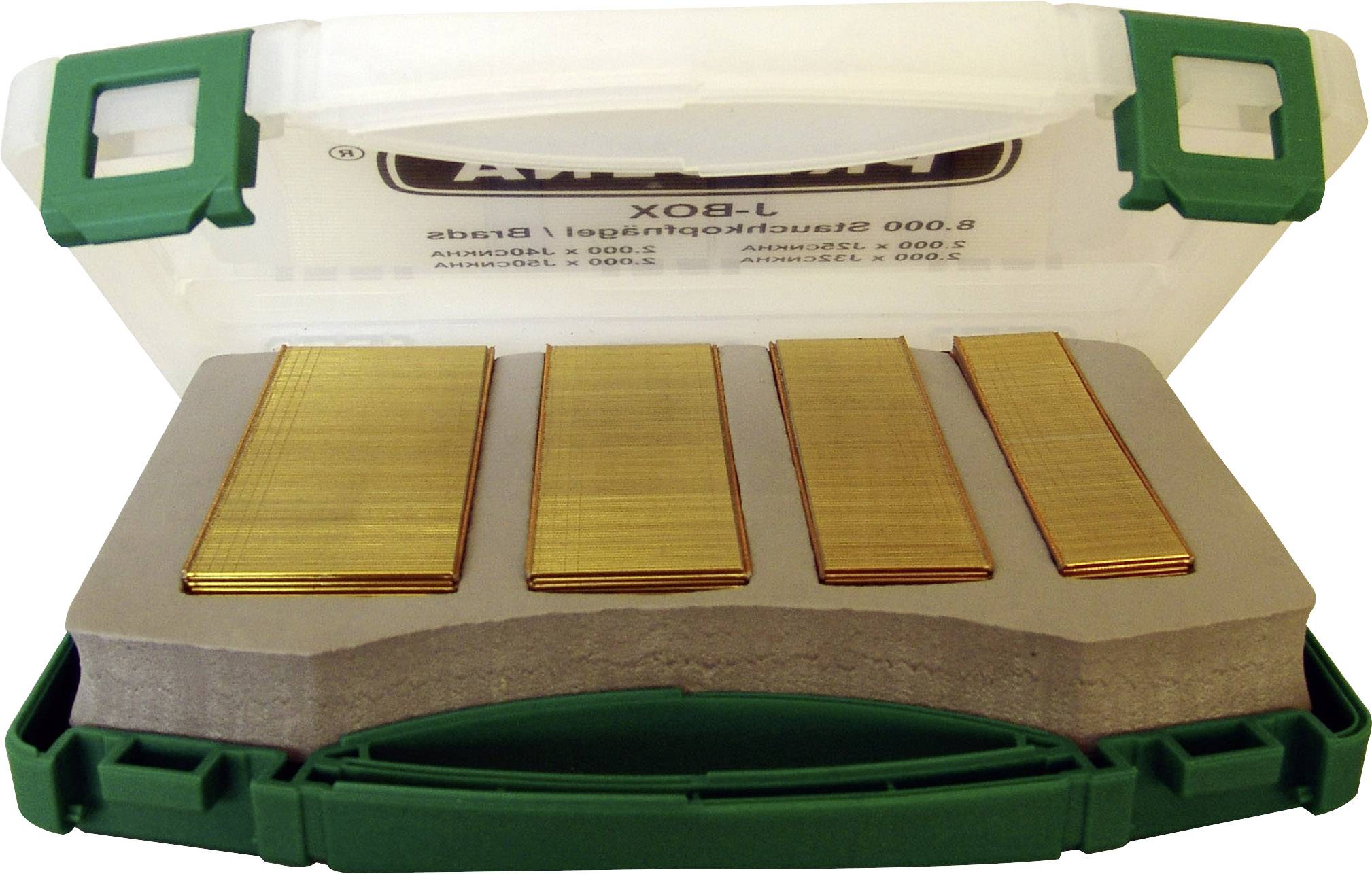 A plastic container holds several gold-coloured staple strips, neatly stacked and ready to hand.