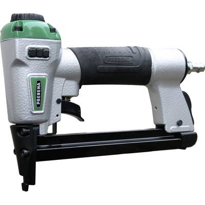 Pneumatic nail gun with green and grey casing, black handle and the brand name 'Prebena'.