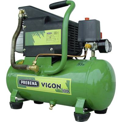 'Green Prebena Vigon 120 Compressor with black handle and pressure gauge. Suitable for pneumatic tasks in workshops.'