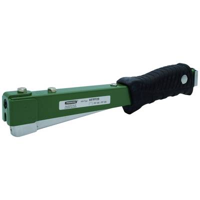A green staple gun with a black handle, model number HFHPF09, is used for quickly securing materials with staples.