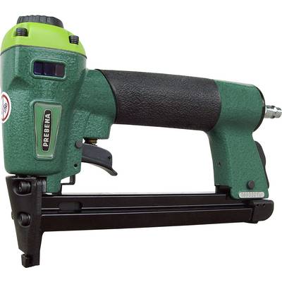 A green pneumatic nail gun with a black handle, marked with 'PREBENA', is lying on its side. Used for fastening materials.