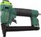 A green pneumatic nail gun with a black handle, marked with 'PREBENA', is lying on its side. Used for fastening materials.