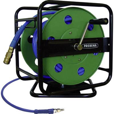 Green hose with metal hose reel, crank, and blue hose extension, suitable for compressed air equipment.