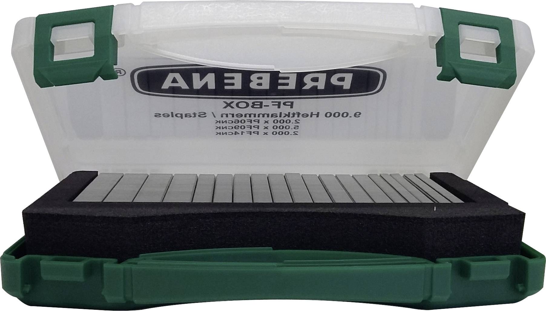 Opened plastic box with foam interior containing metal precision blocks. The inside is marked with 'PREBENA'.