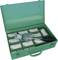 A case with several packaged staple guns and an unpacked stapler on the top layer, a tool for paper binding.