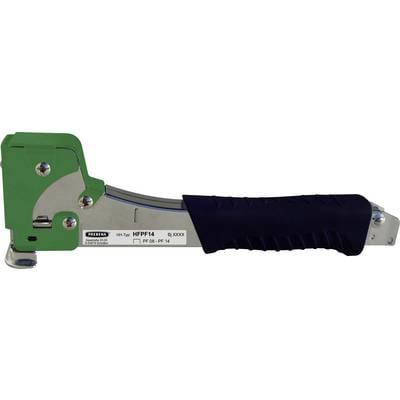 A manual stapler with a green head and black handle, suitable for staples in construction or DIY projects.