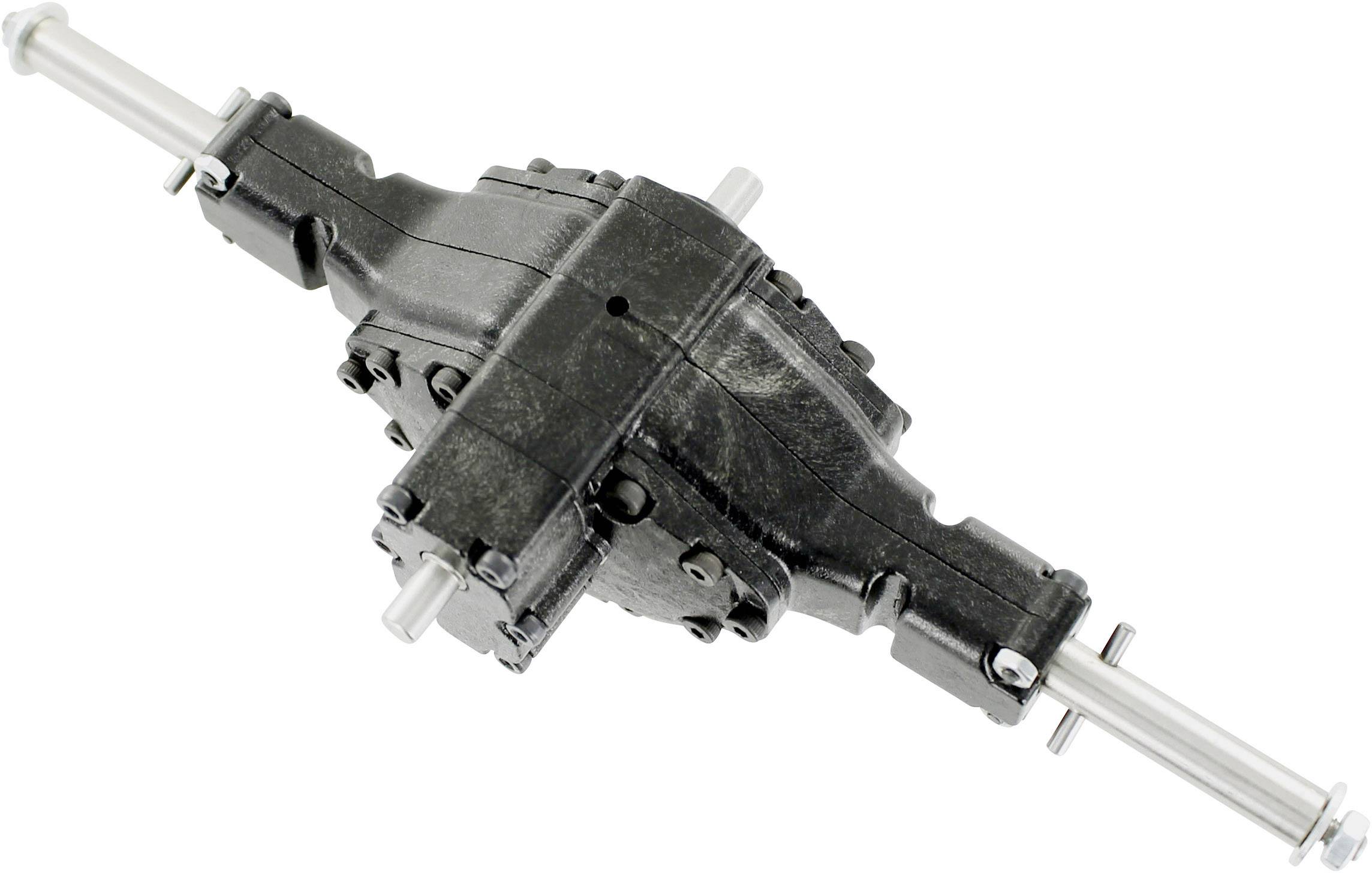 'Black plastic gearbox with silver metal axles.'