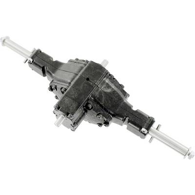 'Black plastic gearbox with silver metal axles.'
