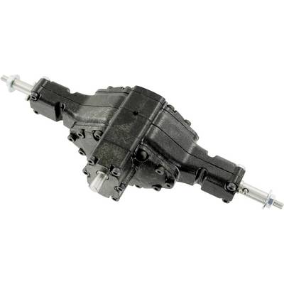 Black mechanical component, likely a transmission with metal axles on both sides. Suitable for technical applications.
