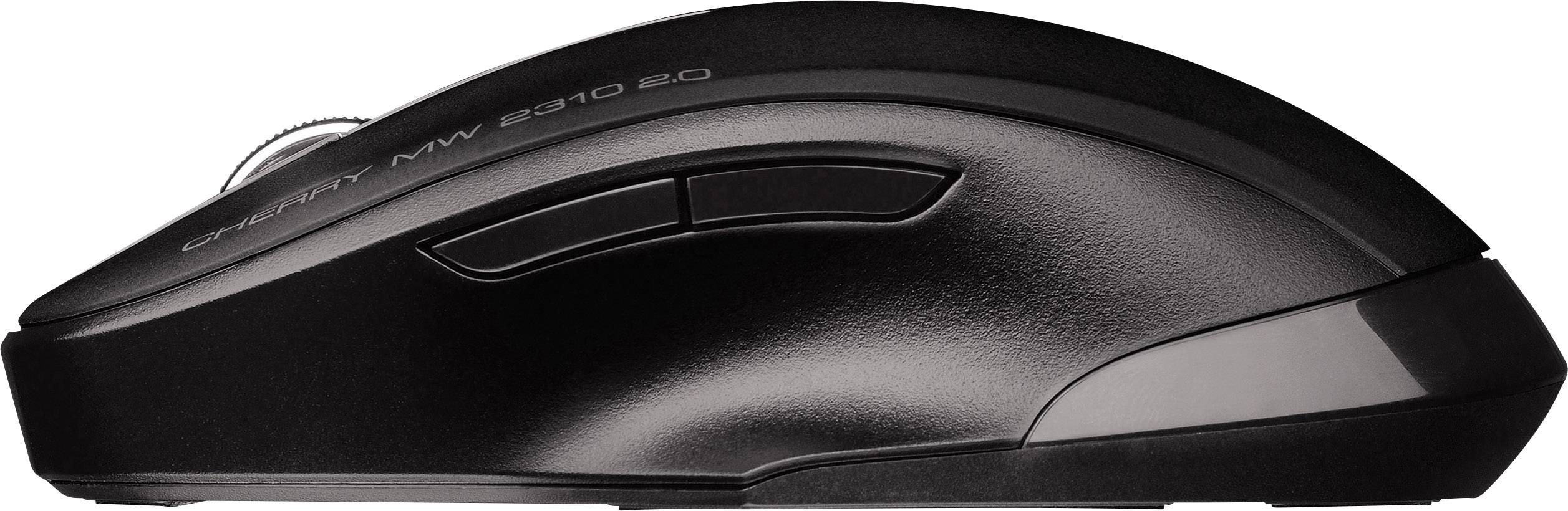 A black computer mouse with two side buttons and a scroll wheel, pictured from the side.