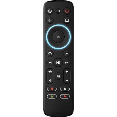 Black remote control with buttons for Power On/Off, Volume, Mute, Playback, Navigation and OK in the centre, with a blue illuminated ring.