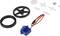 Kit with a blue servo motor, black tyres, and white plastic components on a white background. Includes screws.