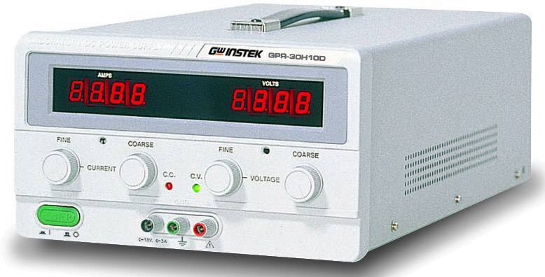 A silver laboratory power supply with a digital display for current and voltage. It features rotary knobs for precise adjustments.