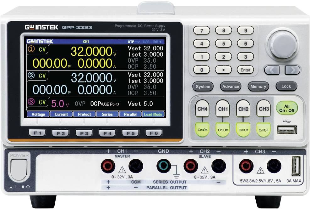 Programmable DC power supply with multiple displays; showing voltage (32 V) and current (0 A) on channel 1; control buttons visible.