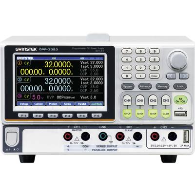 Programmable DC power supply with multiple displays; showing voltage (32 V) and current (0 A) on channel 1; control buttons visible.
