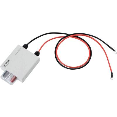 A white electronic device with the inscription 'Genetek'. Two cables, red and black, are connected to it.
