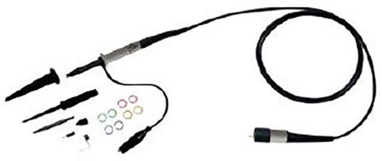 Oscilloscope probe set with cable, various coloured rings and adapters. Suitable for precise electronic measurements.