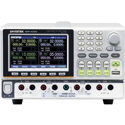 A digital power supply unit with four display indicators, showing voltage, current, and power for four channels.