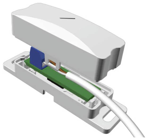 An open electric enclosure with internal components exposed, showing a circuit board and a connected cable, illustrating assembly or repair.