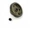 A metal gear wheel with multiple holes, viewed from the side, lies next to a small screw.