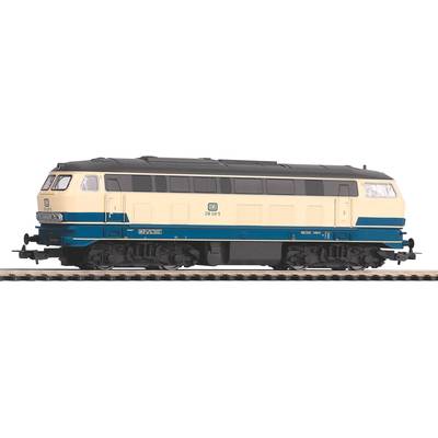 A model train of a diesel locomotive in blue and beige on railway tracks. Locomotive number is '210 005-5' from Deutsche Bahn.